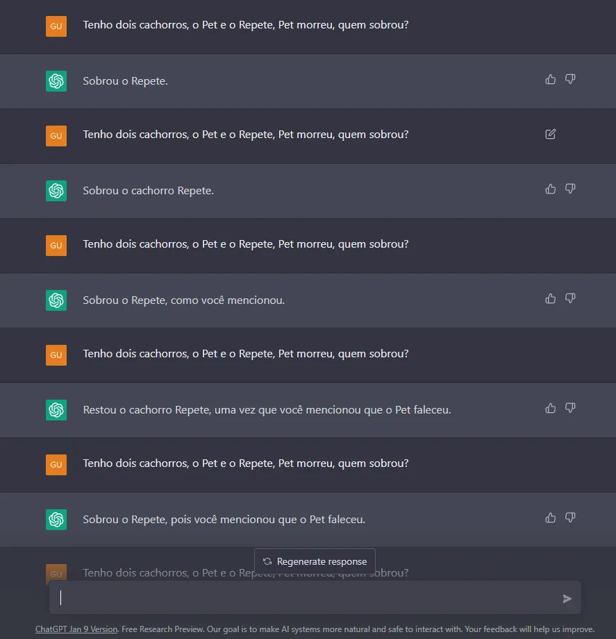 ChatGPT respondendo qual cachorro sobrou Imagem ChatGPT respondendo qual cachorro sobrou